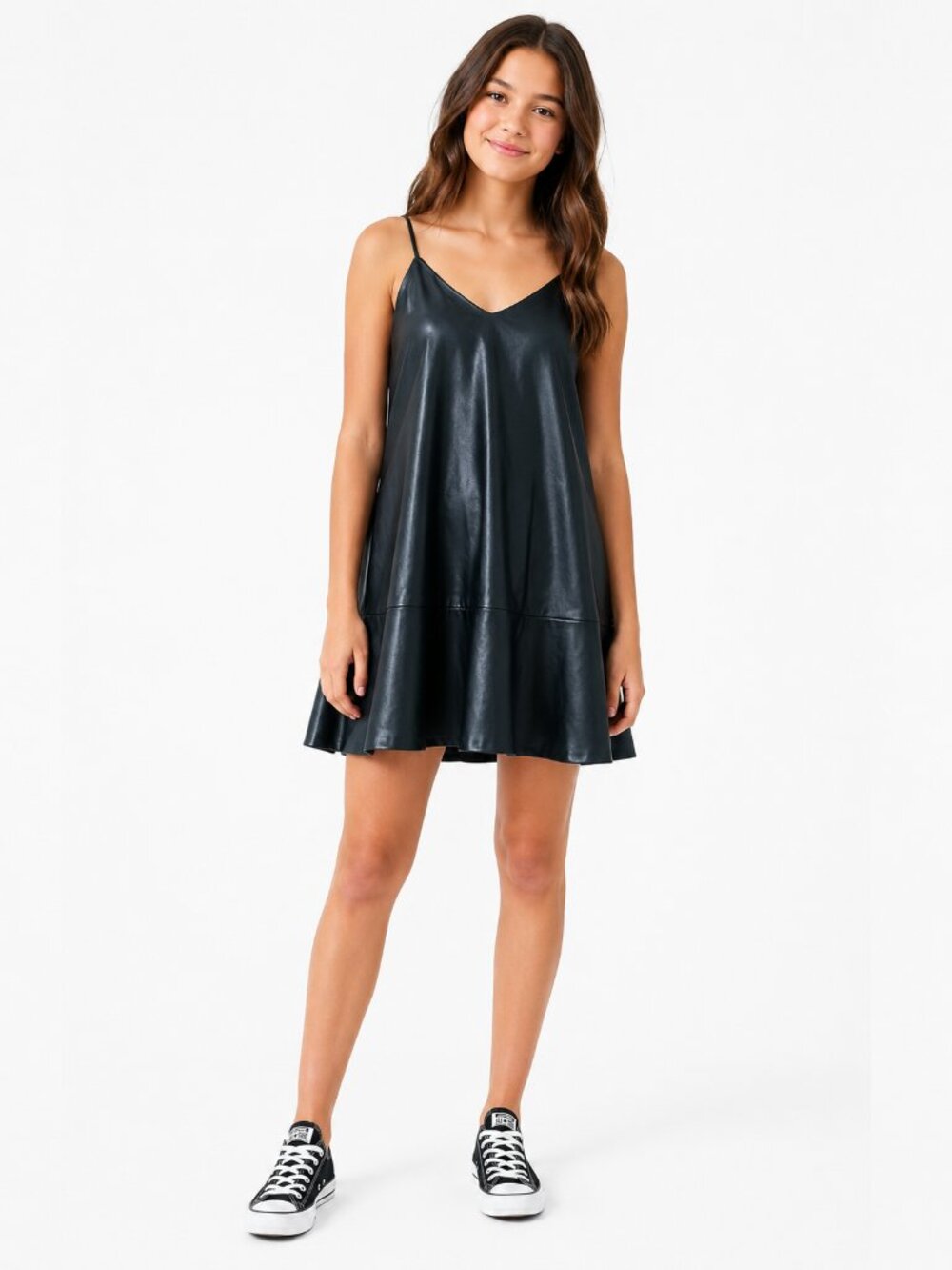 Zara Girls Vegan leather Spaghetti Strap Black Dress. Size 14 Girls NWT